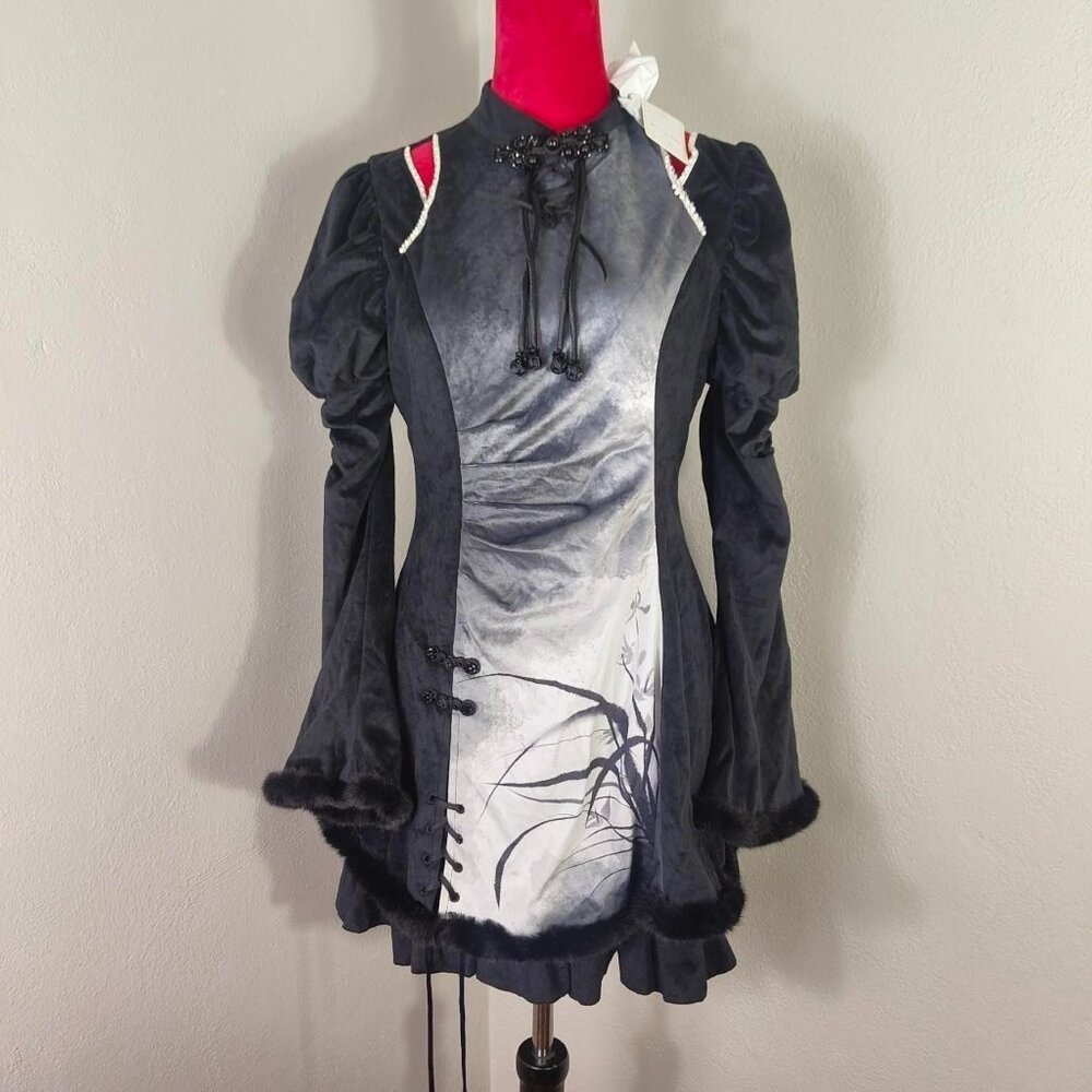 JFashion Devilinspired Black and White Orchid Long Sleeve Velvet Lolita Dress L